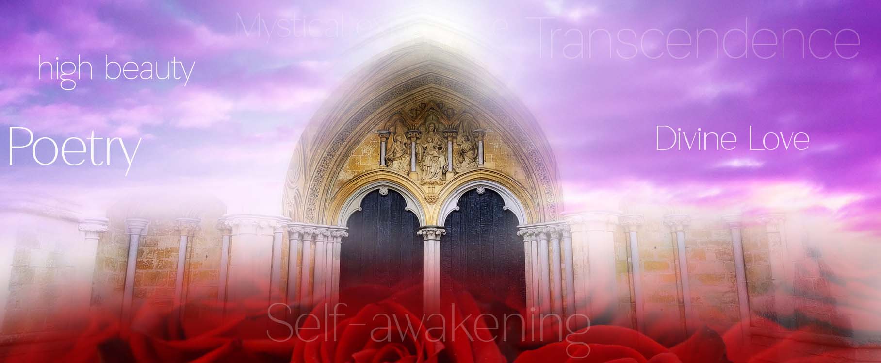 image of red roses, a purple sky and a gothic Salisbury cathedral archway