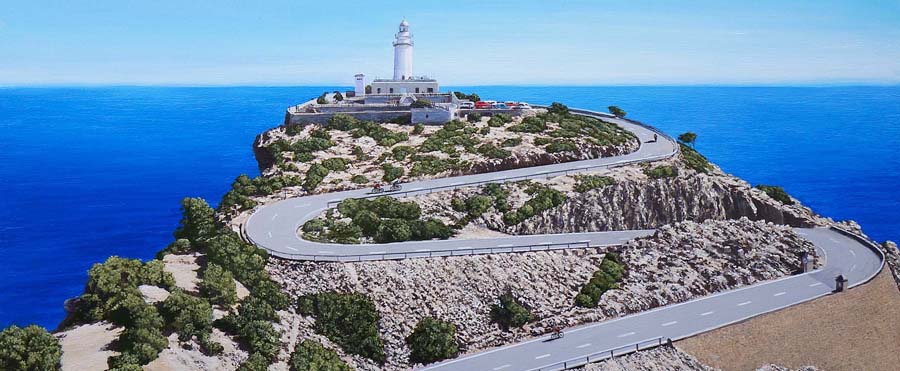 Cap de Formentor Lighthouse art print for cyclists iconic Mallorca cycling route and destination by coastal artist Mark Woollacott