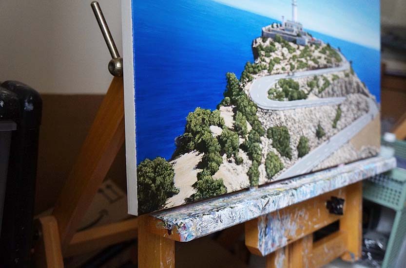 image of Cap de Formentor Lighthouse painting on an artist easel