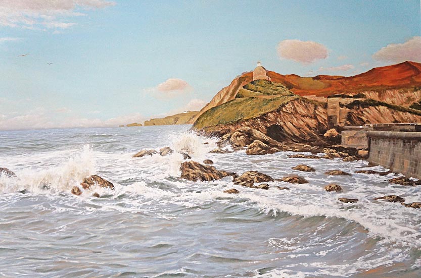 a view of Lantern Hill depicted in a wave painting by Mark Woollacott