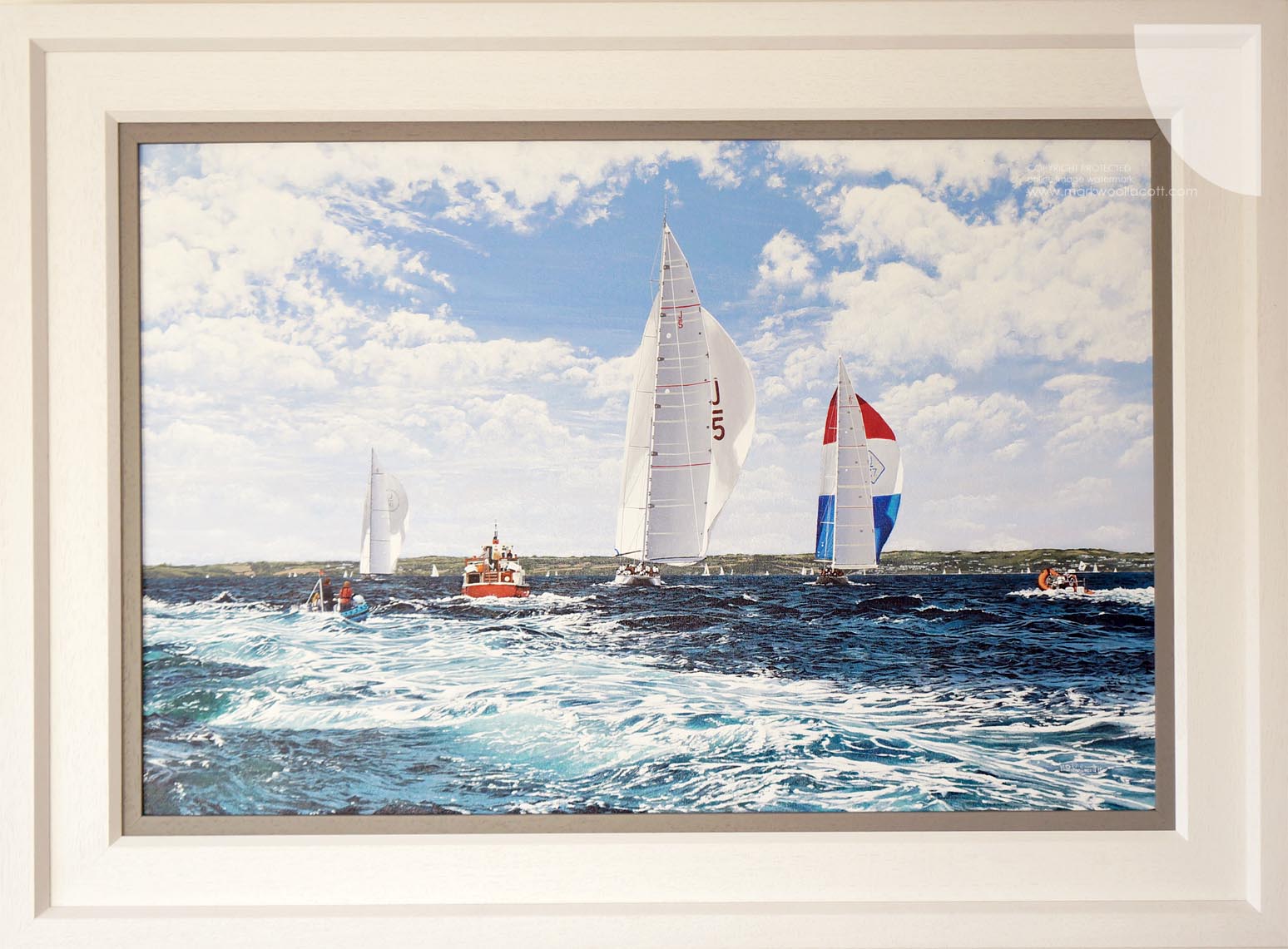 Fine art painting of J class yachts, racing at Falmouth Bay, Cornwall, capturing British maritime heritage and sailing elegance