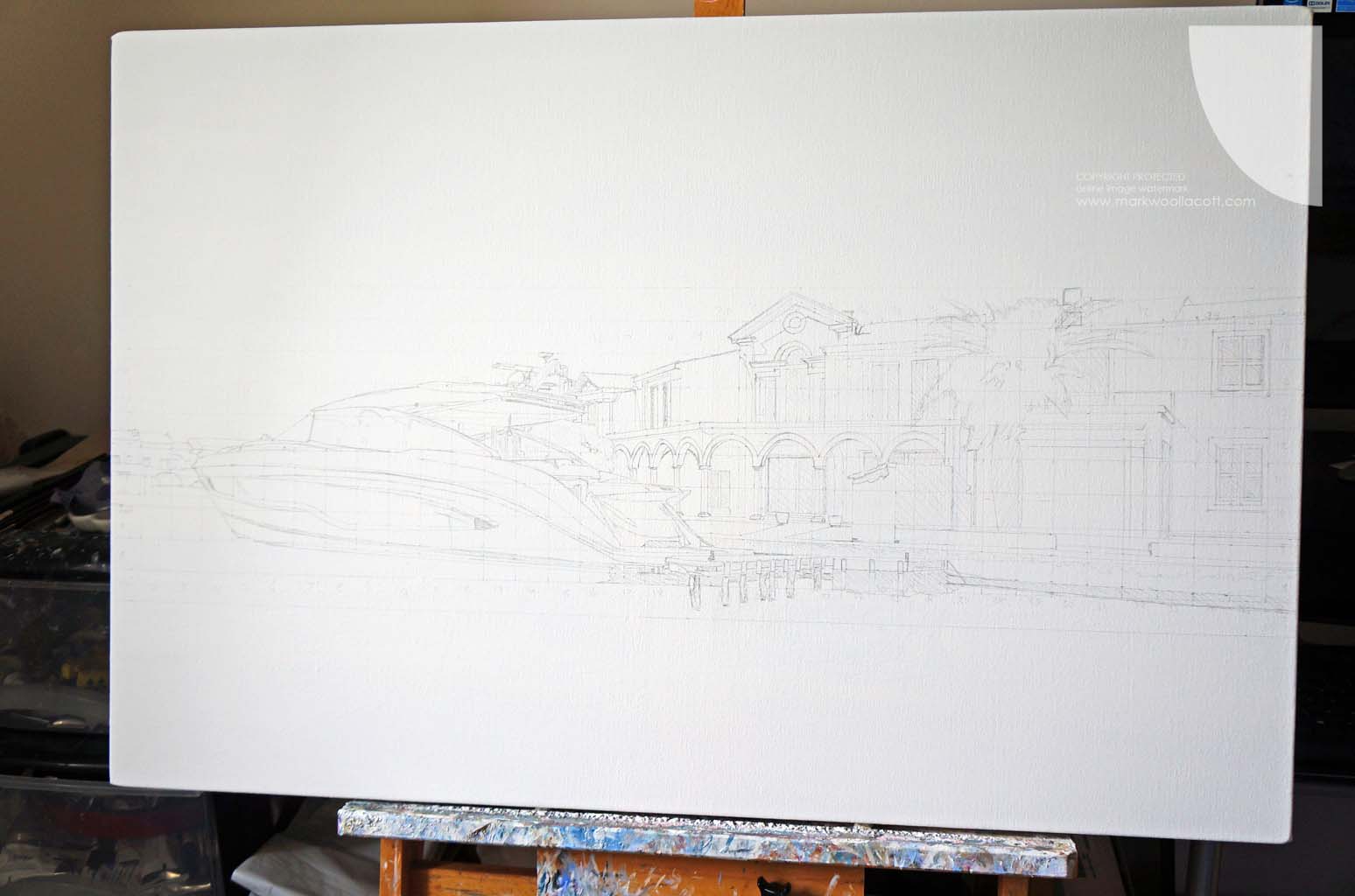 an artist sketch of a luxury boat and house at Port Grimaud Saint-Tropez Southern France by contemporary boat artist Mark Woollacott