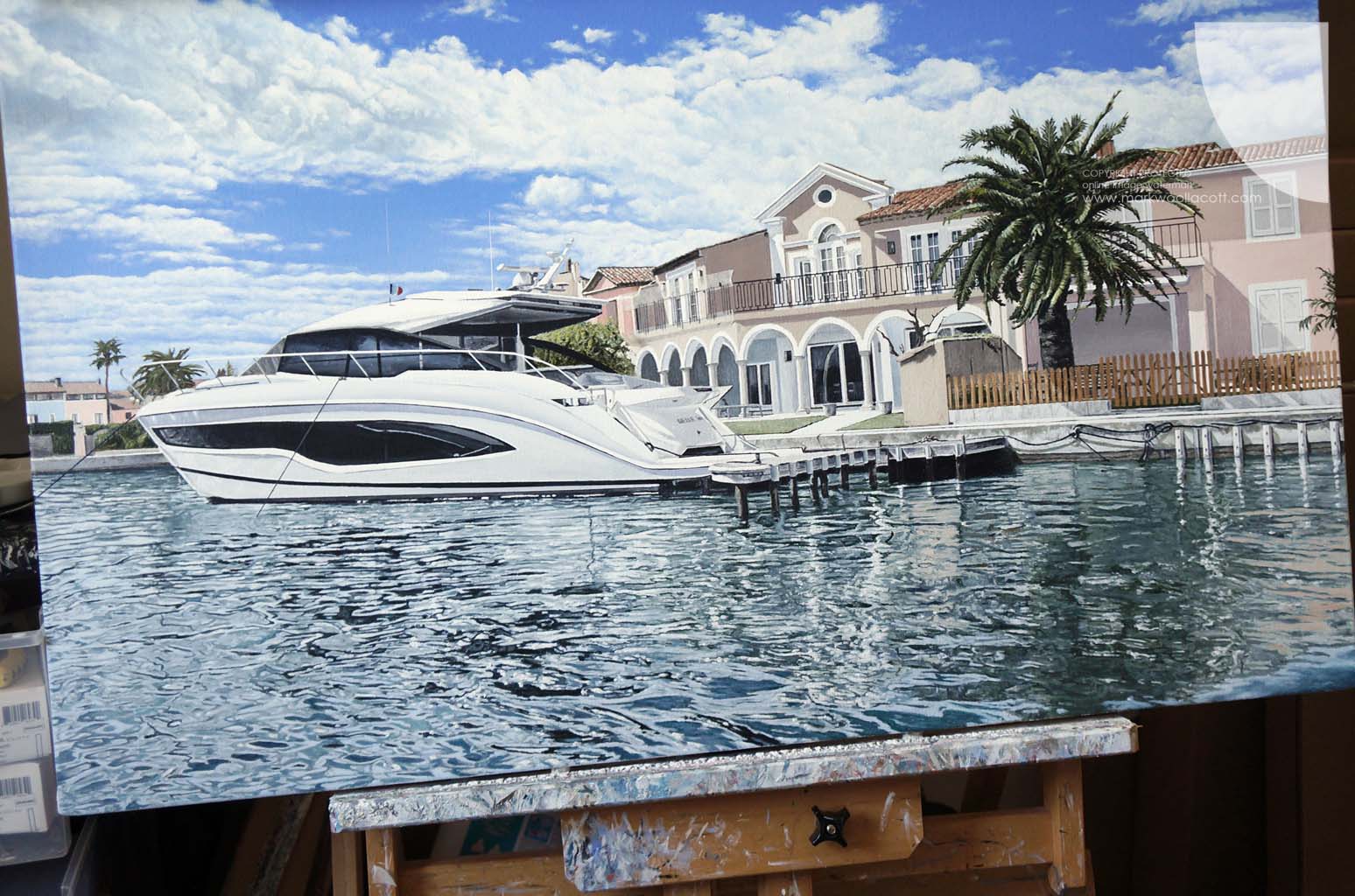 detail from a painting of a luxury boat and house at Port Grimaud Saint-Tropez on the French Riviera by contemporary oil painter Mark Woollacott