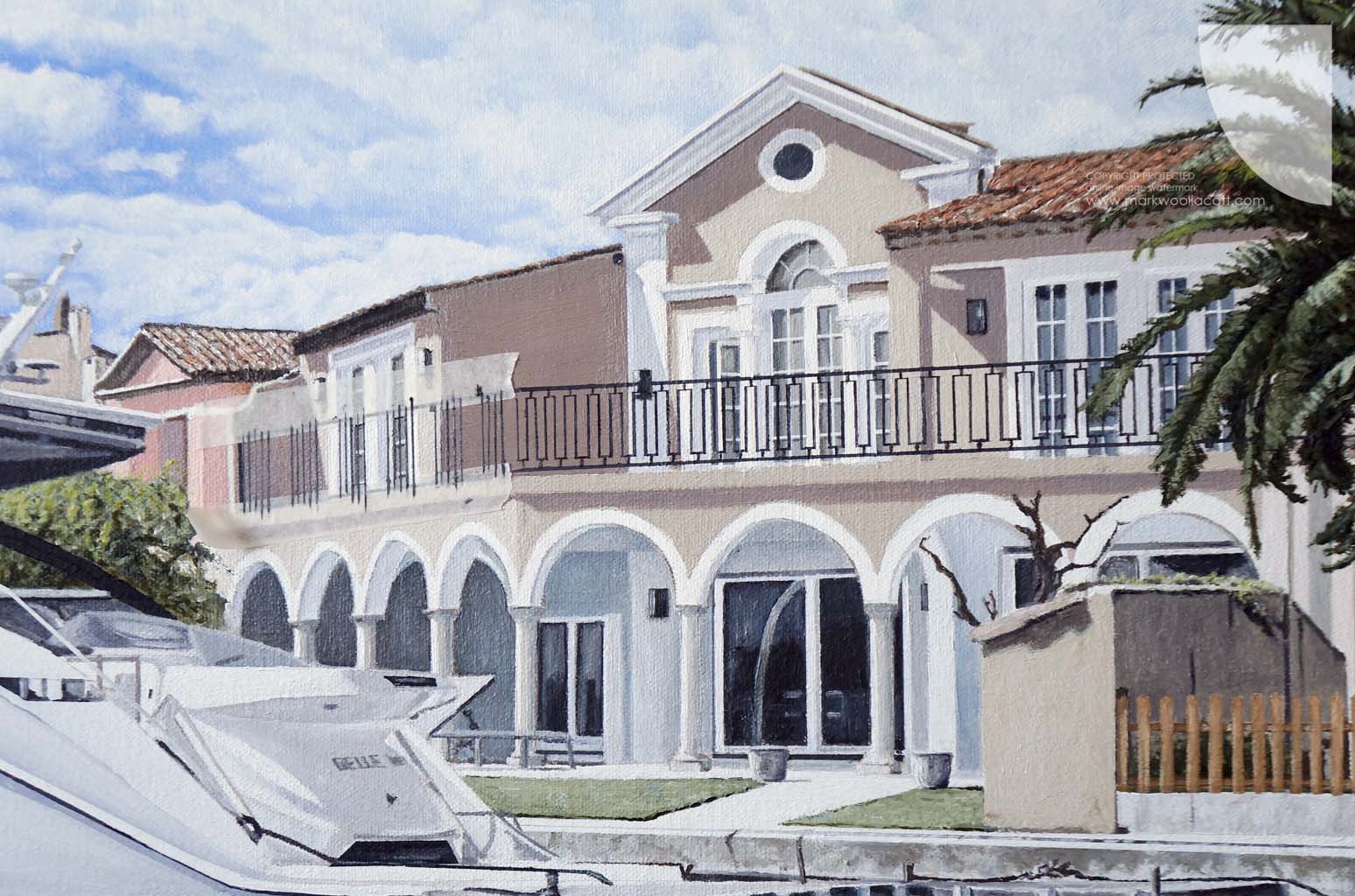 detail from a painting of a luxury yacht and home at Port Grimaud Saint-Tropez on the French Riviera by contemporary maritime artist Mark Woollacott