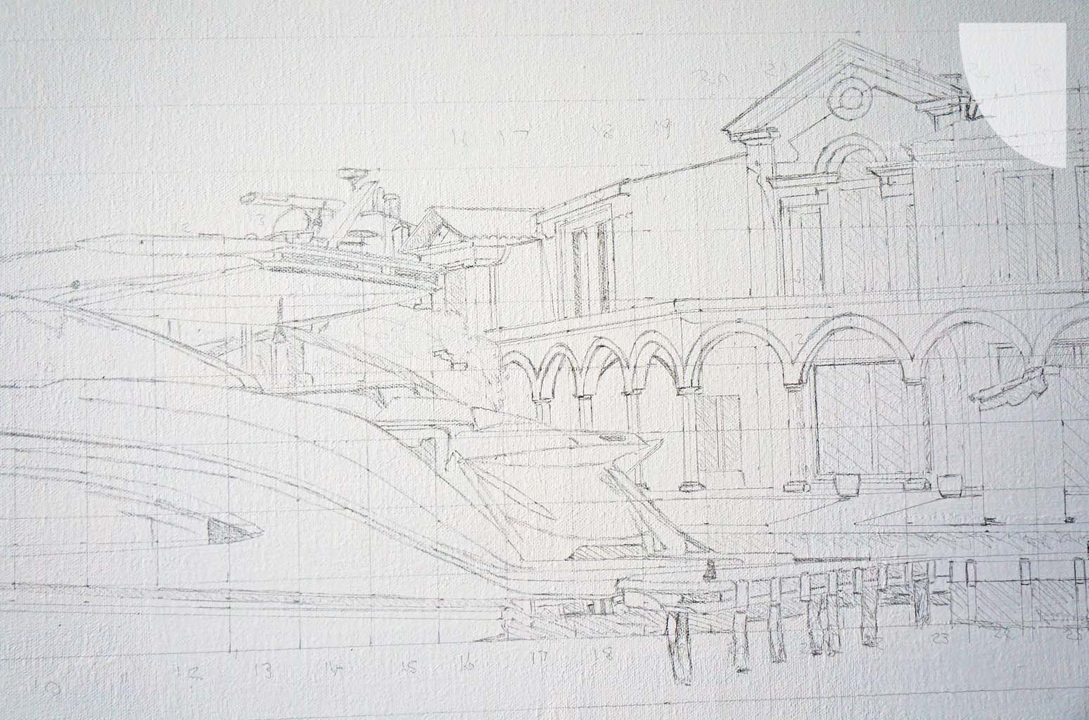 a detail of an artist sketch of a luxury boat and house at Port Grimaud Saint-Tropez on the French Riviera by artist Mark Woollacott