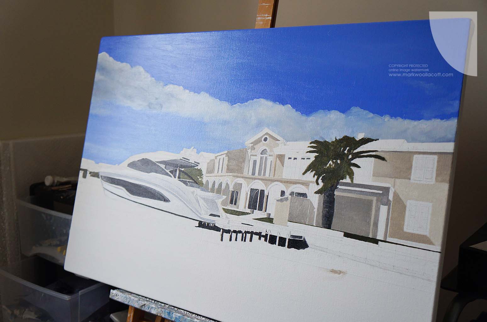 first paint layer on a luxury boat painting of Port Grimaud Saint-Tropez on the French Riviera by artist Mark Woollacott