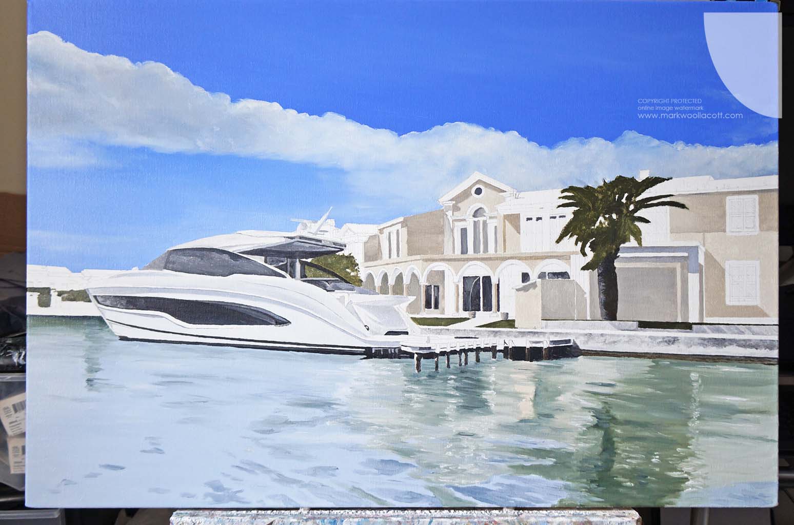 the first painted layer on a luxury boat painting of Port Grimaud Saint-Tropez on the French Riviera by artist Mark Woollacott