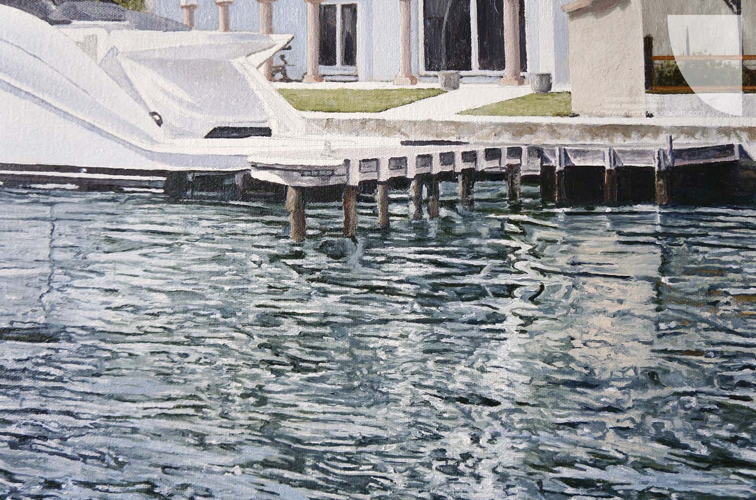 detail from a painting of a luxury boat and house at Port Grimaud Saint-Tropez on the French Riviera by marine artist Mark Woollacott