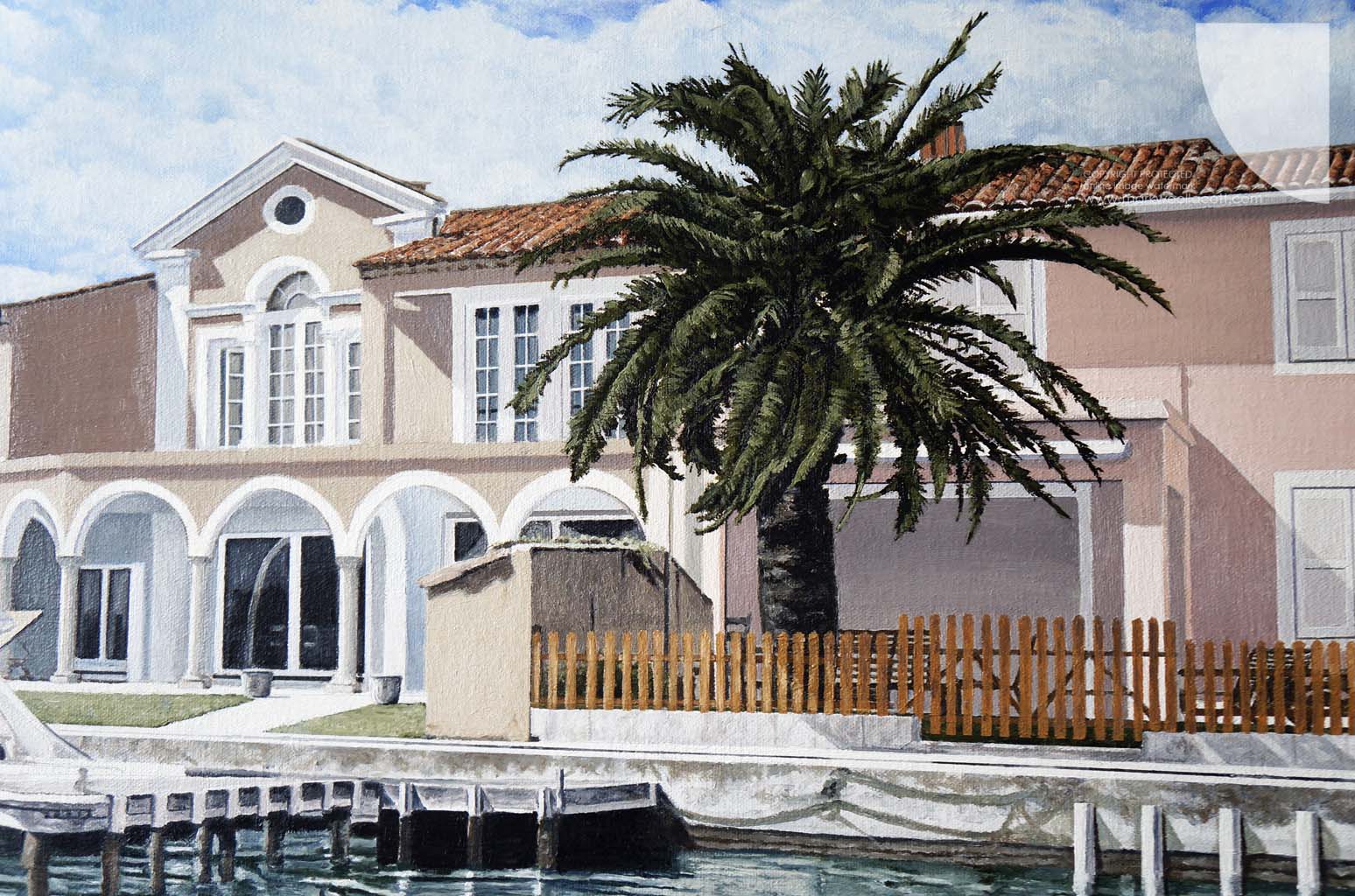 detail from a painting of a luxury boat and house at Port Grimaud Saint-Tropez on the French Riviera by contemporary artist Mark Woollacott