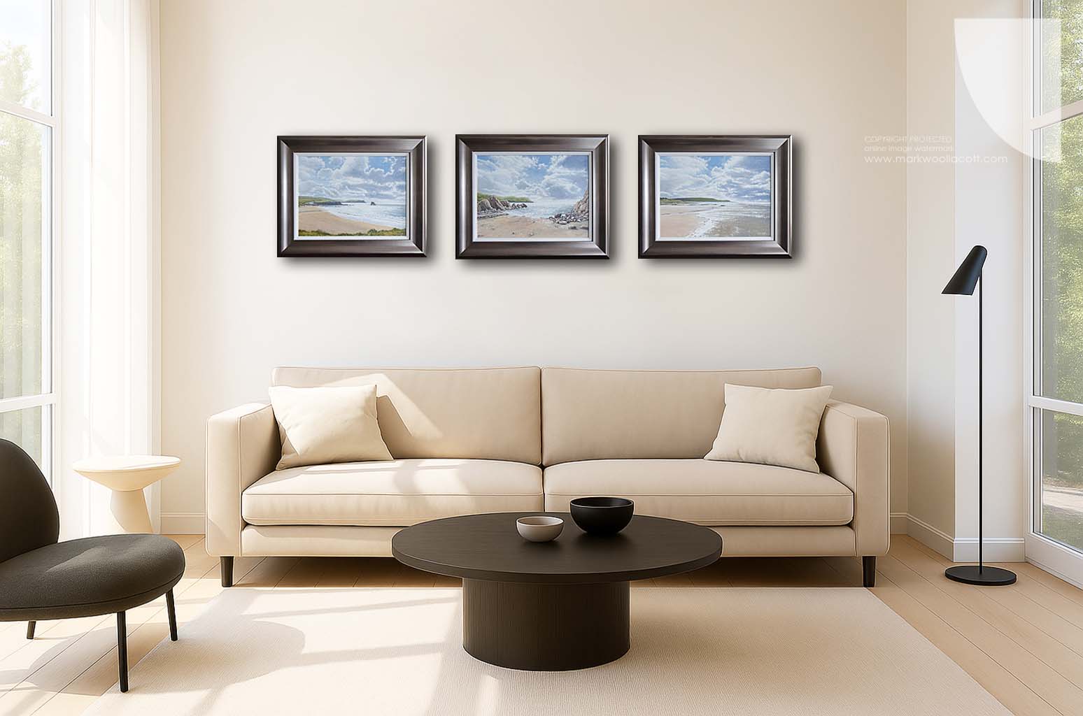 classy warm home interior featuring three South Hams paintings