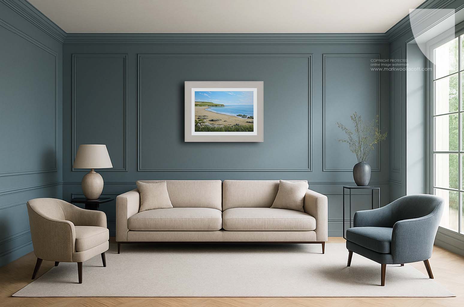 elegant luxury home interior featuring a painting of Bantham beach