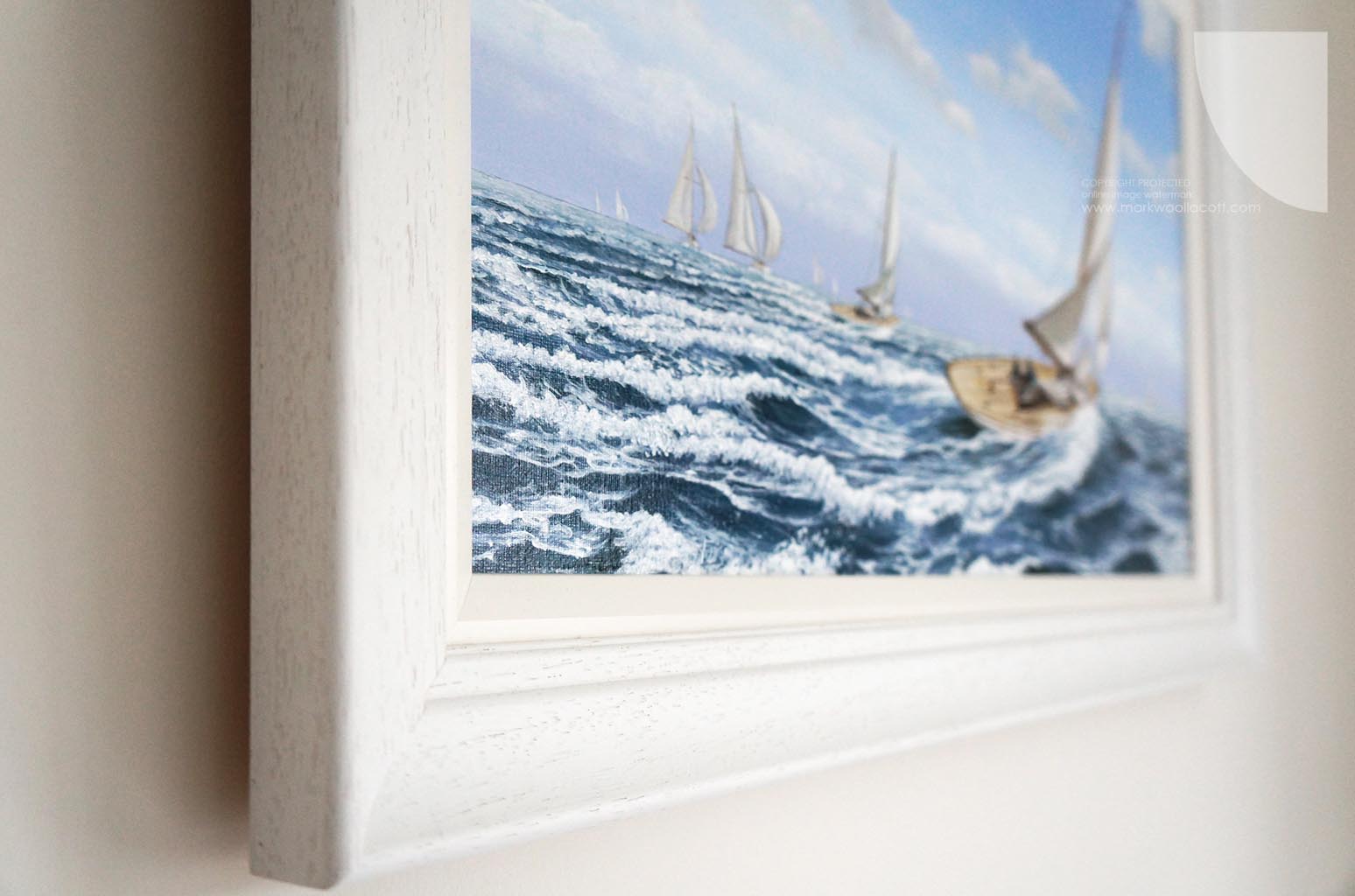 angled view of framed painting Staying on the True Course by fine maritime artist Mark Woollacott