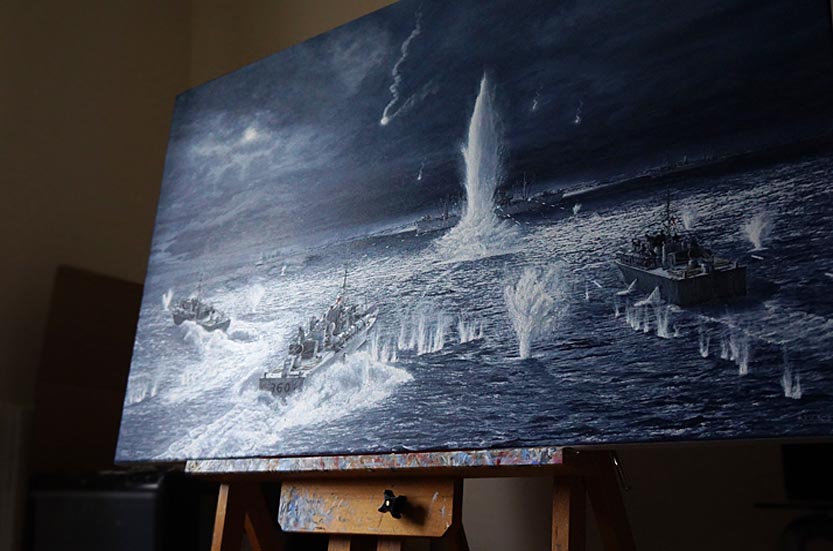 World War II painting displayed on easel by contemporary maritime artist Mark Woollacott