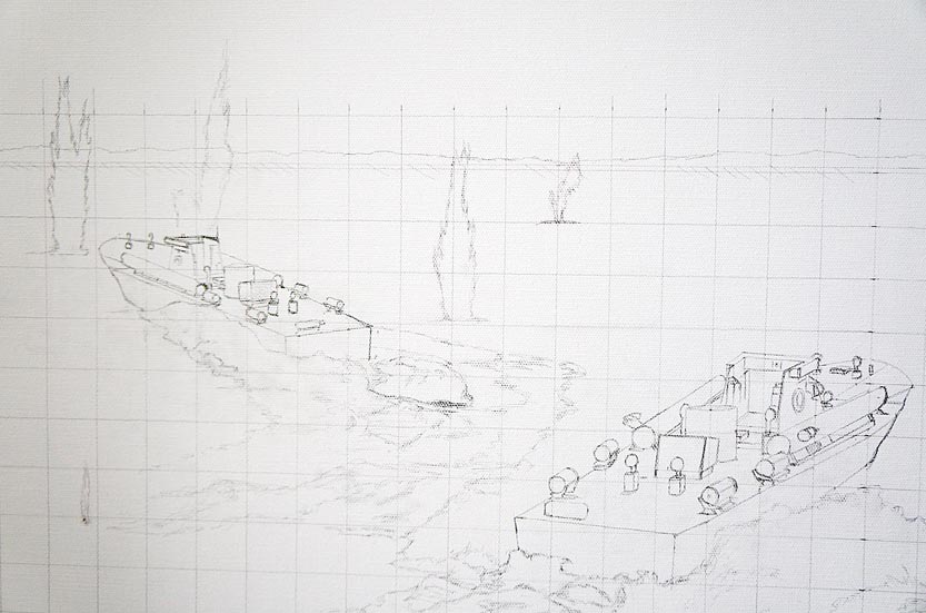 work in progress picture of Second World War British Royal Navy motor torpedo boats in military battle scene art by UK marine artist Mark Woollacott image 1