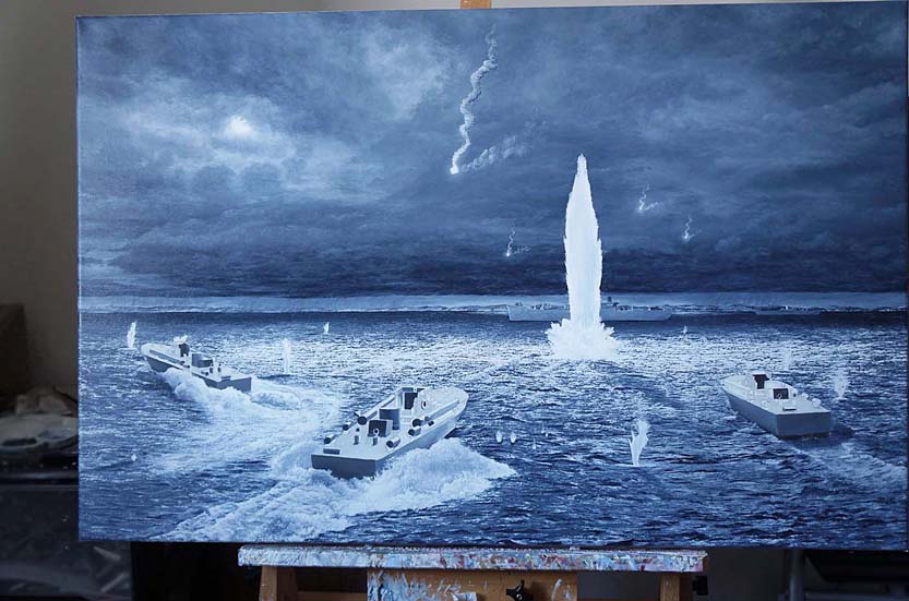 work in progress picture of Second World War British Royal Navy motor torpedo boats in military battle scene art by UK marine artist Mark Woollacott image 10