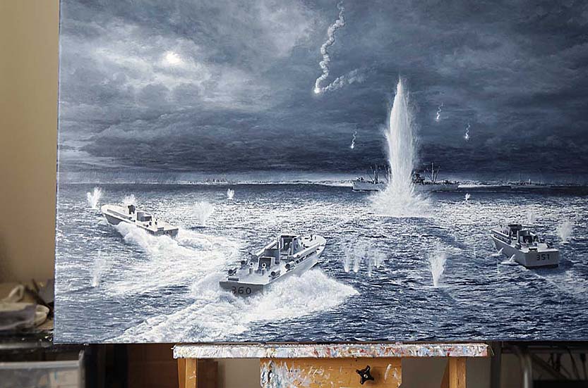 work in progress picture of Second World War British Royal Navy motor torpedo boats in military battle scene art by UK marine artist Mark Woollacott image 11