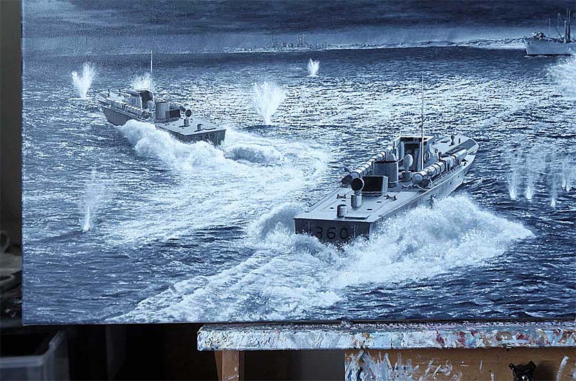 work in progress picture of Second World War British Royal Navy motor torpedo boats in military battle scene art by UK marine artist Mark Woollacott image 12