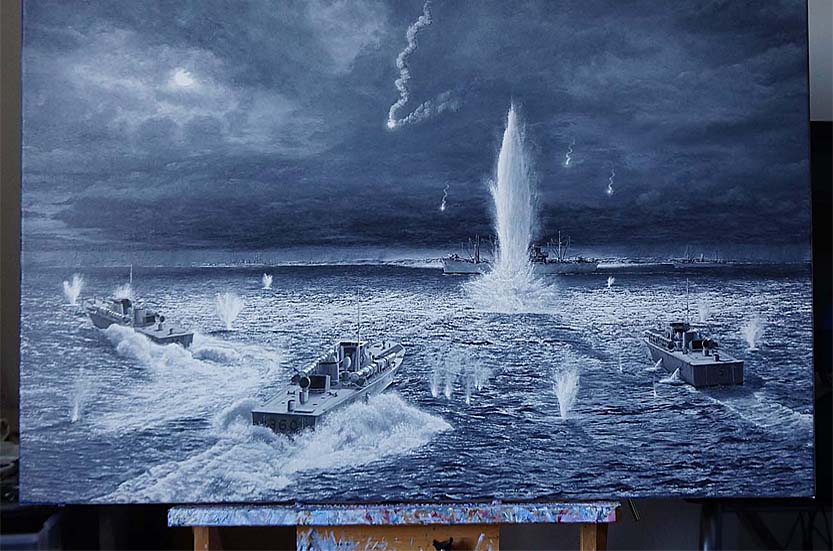 work in progress picture of Second World War British Royal Navy motor torpedo boats in military battle scene art by UK marine artist Mark Woollacott image 13