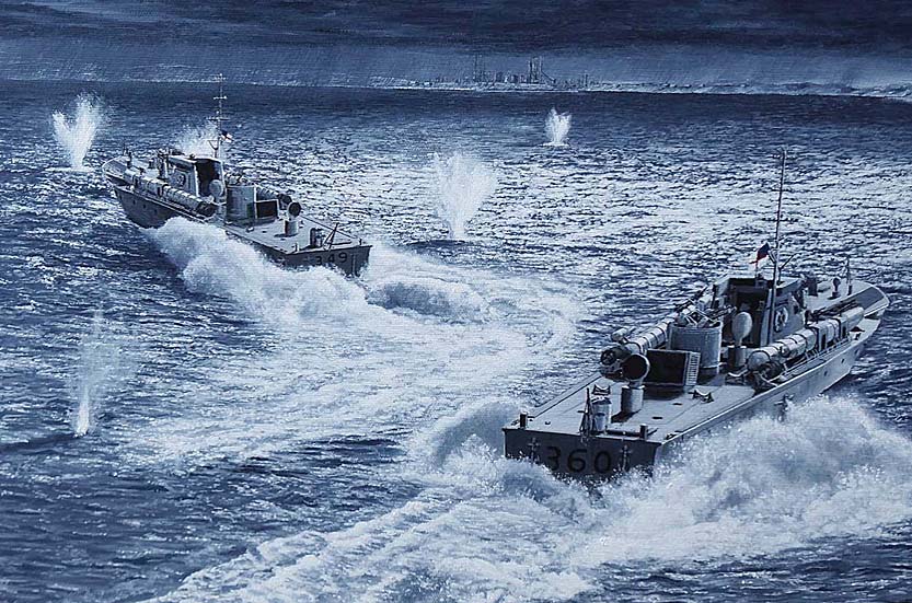 work in progress picture of Second World War British Royal Navy motor torpedo boats in military battle scene art by UK marine artist Mark Woollacott image 14