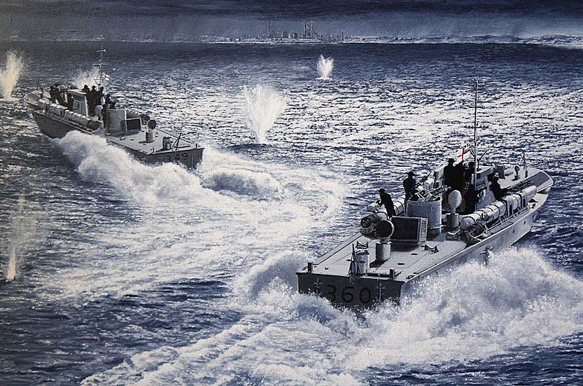work in progress picture of Second World War British Royal Navy motor torpedo boats in military battle scene art by UK marine artist Mark Woollacott image 15