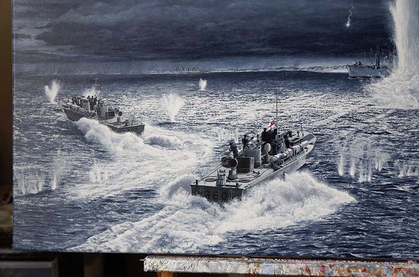 work in progress picture of Second World War British Royal Navy motor torpedo boats in military battle scene art by UK marine artist Mark Woollacott image 16