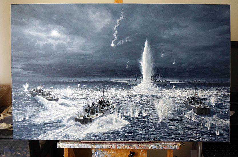 work in progress picture of Second World War British Royal Navy motor torpedo boats in military battle scene art by UK marine artist Mark Woollacott image 17