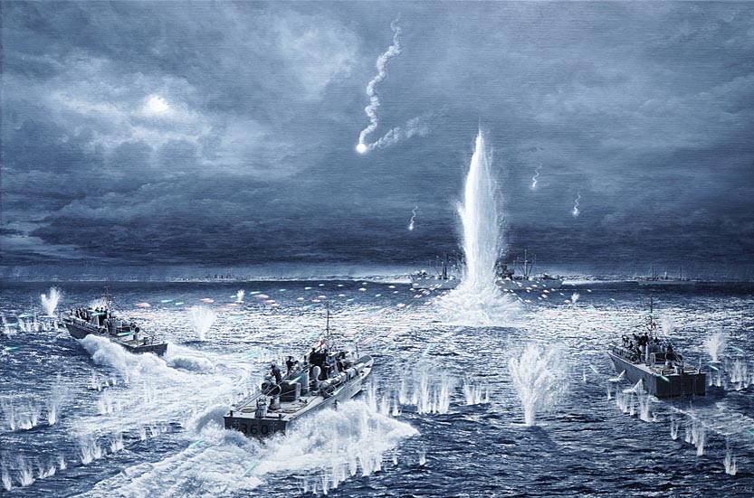 work in progress picture of Second World War British Royal Navy motor torpedo boats in military battle scene art by UK marine artist Mark Woollacott image 18