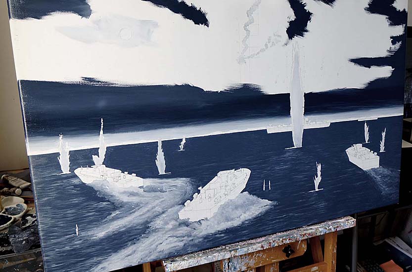 work in progress picture of Second World War British Royal Navy motor torpedo boats in military battle scene art by UK marine artist Mark Woollacott image 4