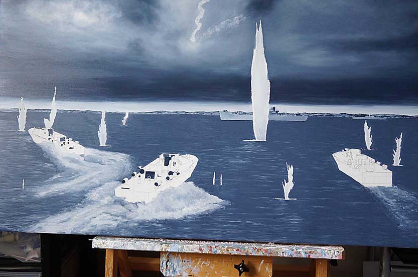 work in progress picture of Second World War British Royal Navy motor torpedo boats in military battle scene art by UK marine artist Mark Woollacott image 5