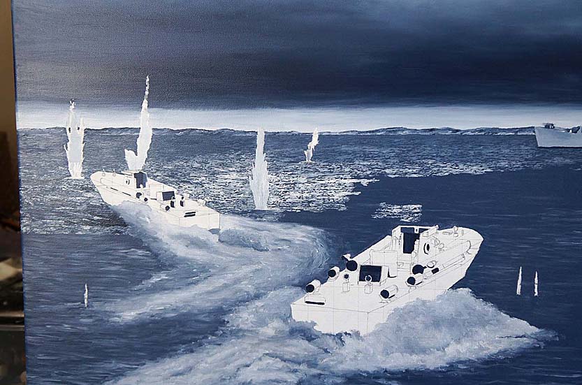work in progress picture of Second World War British Royal Navy motor torpedo boats in military battle scene art by UK marine artist Mark Woollacott image 6