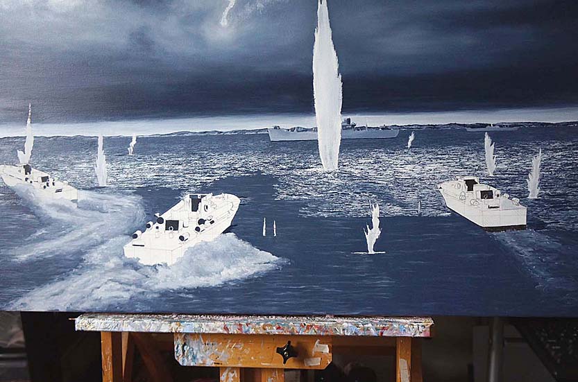 work in progress picture of Second World War British Royal Navy motor torpedo boats in military battle scene art by UK marine artist Mark Woollacott image 7