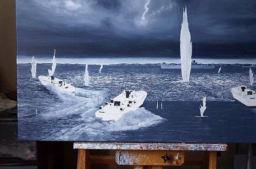 work in progress picture of Second World War British Royal Navy motor torpedo boats in military battle scene art by UK marine artist Mark Woollacott image 8