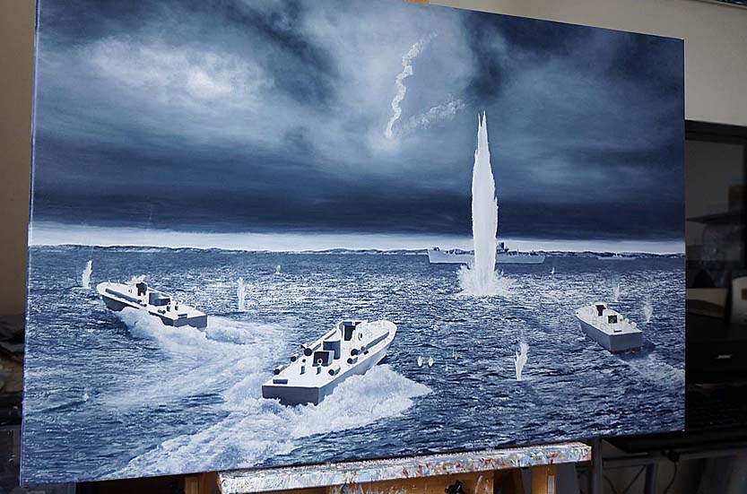 work in progress picture of Second World War British Royal Navy motor torpedo boats in military battle scene art by UK marine artist Mark Woollacott image 9