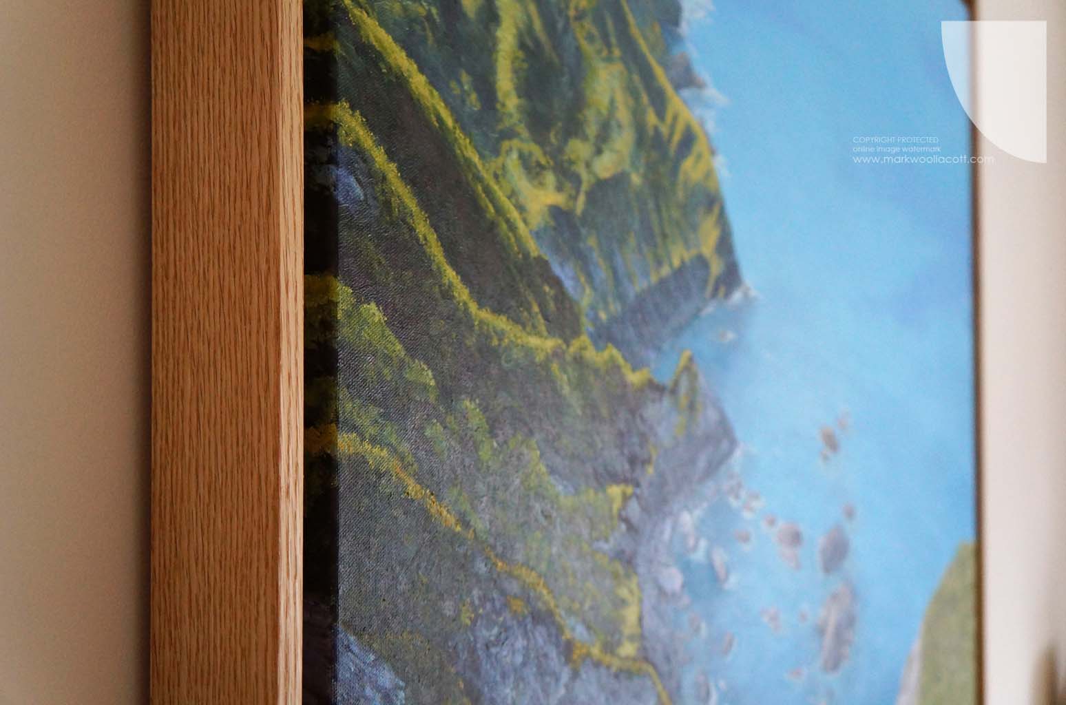 angled perspective of a large coastal painting by Mark Woollacott