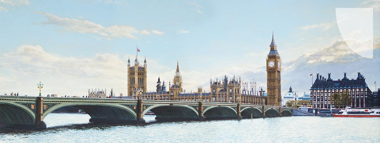 realistic painting of the Houses of Parliament by fine artist Mark Woollacott