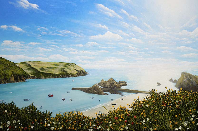 a painting of Hope Cove, South Hams beaches by Devon artist Mark Woollacott