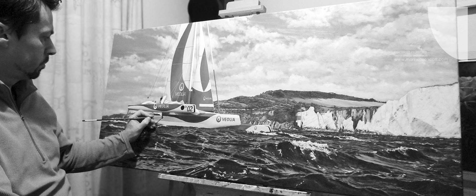 artist Mark Woollacott painting Veolia Environnement racing trimaran Rolex Fastnet Race